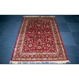 Red Cashmere Rug with all-over floral pattern and fringing. Measures 1.7 x 1.2 m.