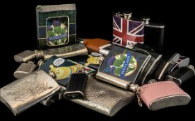 A Collection of 21 Modern Hip Flasks, various designs including Union Jack, leather clad, pewter,