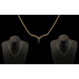 Ladies 9ct Gold - Attractive Necklace / Chain with Emerald and Diamond Set Drop.