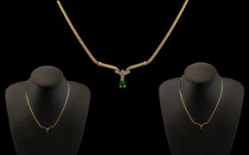 Ladies 9ct Gold - Attractive Necklace / Chain with Emerald and Diamond Set Drop.