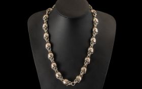 Mid 20th Century Heavy and Unusual Sterling Silver Skull Head Link Necklace of A Macabre Nature,