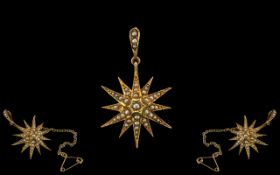 Antique Period Superb 15ct Gold Starburst Designed Brooch - Pendant,