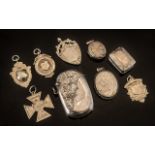 A Small Collection of Antique and Vintage Sterling Silver Medals, pill boxes,