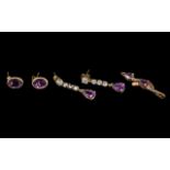 Small Collection of 9ct Gold Amethyst Set Jewellery, to include a pair of drop earrings,