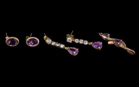 Small Collection of 9ct Gold Amethyst Set Jewellery, to include a pair of drop earrings,