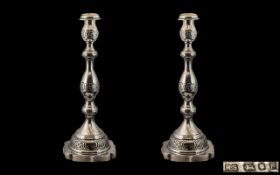 Judaica Sterling Silver Pair of Knopped Column Candlesticks of Excellent Design / Form.