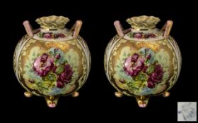 Pair Of Noritake Globular Vases, Painted Roses, Gilt Highlights,