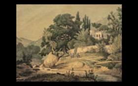 Topographical Mediterranean Panoramic View Watercolour of a mountainous river landscape with