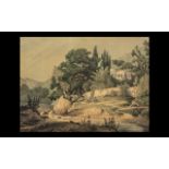 Topographical Mediterranean Panoramic View Watercolour of a mountainous river landscape with