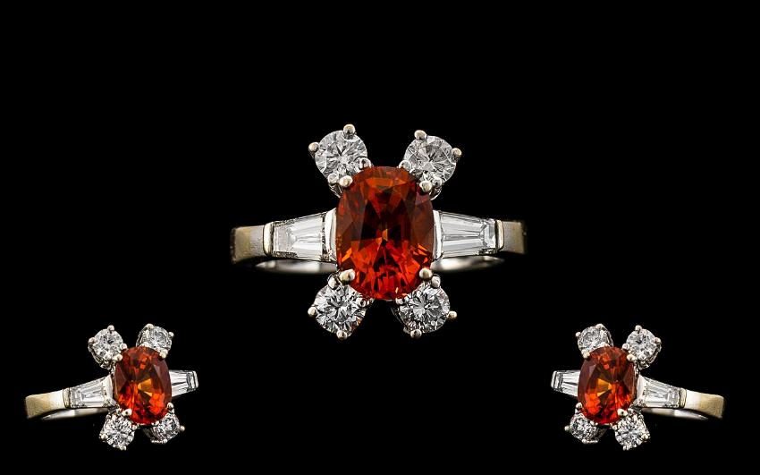 18ct White Gold Stunning and Quality Fire Opal and Diamond Set Dress Ring. The Faceted Fire Opal