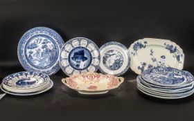 Miscellaneous Collection of Plates, five Staffordshire blue and white Willow pattern plates,