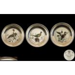 Frank Whiting & Co American Trio of Sterling Silver and Ceramic Circular Pin Dishes with Transfer