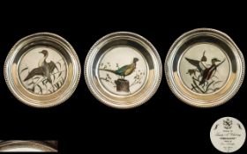 Frank Whiting & Co American Trio of Sterling Silver and Ceramic Circular Pin Dishes with Transfer