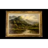 Large Oil Painting on Canvas Depicting a Highland Scene with cattle in a loch and figures in