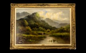 Large Oil Painting on Canvas Depicting a Highland Scene with cattle in a loch and figures in