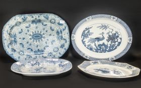 Four Large Staffordshire Pottery Blue & White Meat Plates by Wood & Sons, Johnston Bros.,