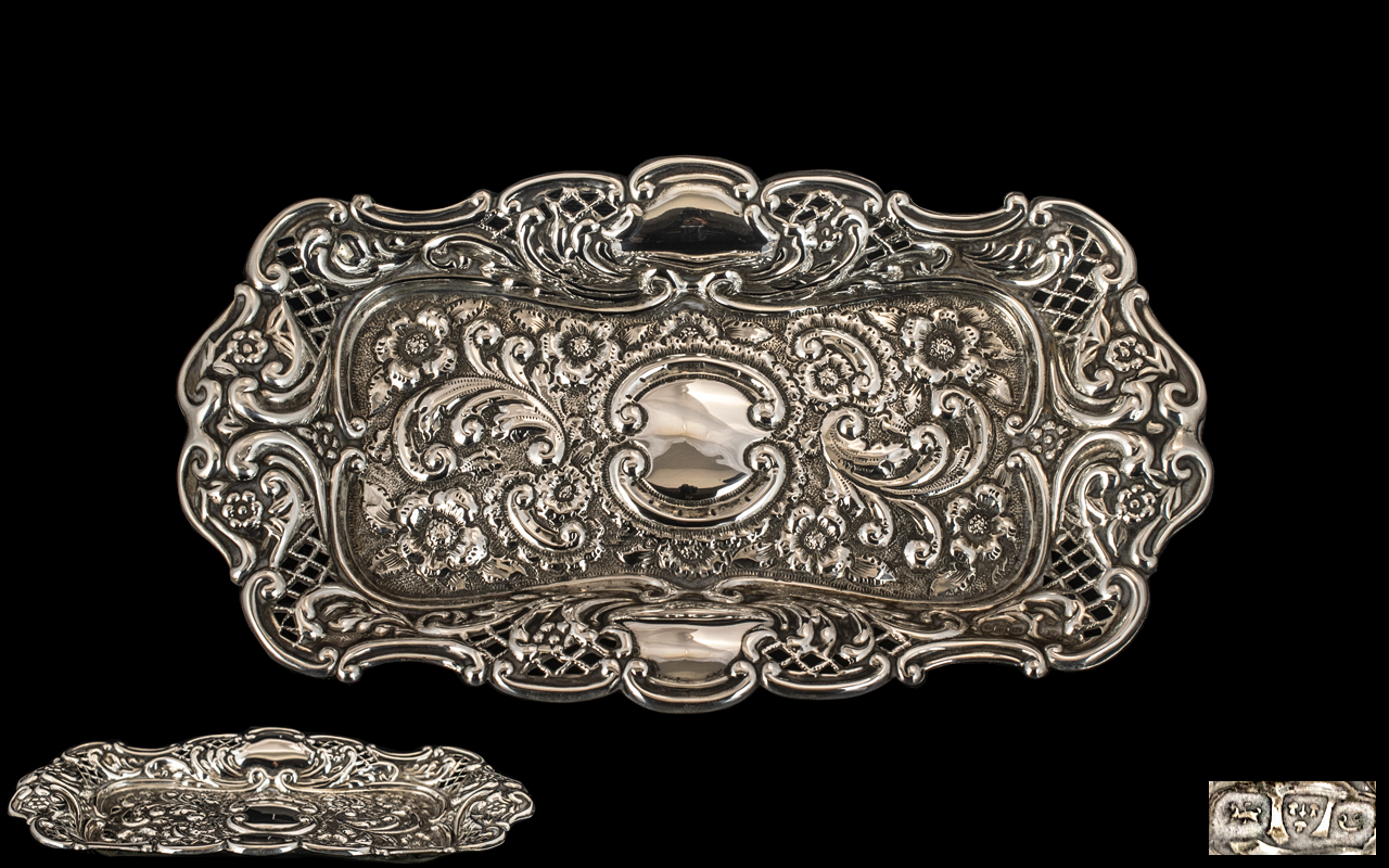 Victorian Period Ornate Sterling Silver Rectangular Shaped Pin Tray,