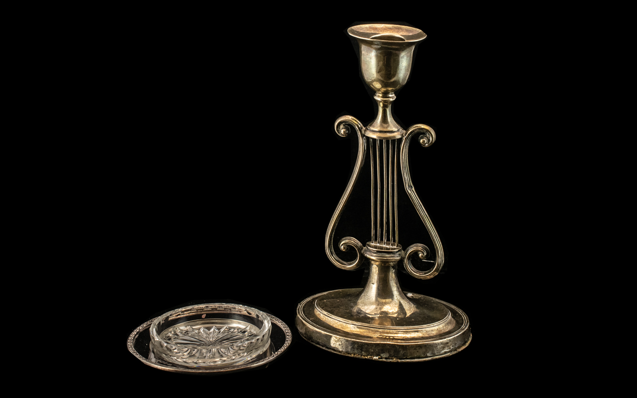 **Withdrawn** Silver Lyre Shaped Candle Stick, Plain Form, Loaded Base,