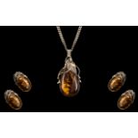 Large Amber Set Silver Pendant And Chain Together With Matching Earrings