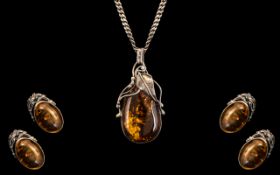 Large Amber Set Silver Pendant And Chain Together With Matching Earrings