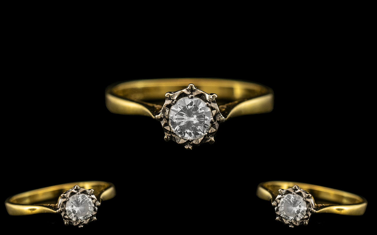 18ct Gold - Good Quality Single Stone Diamond Set Ring. Marked 18ct to Interior of Shank.