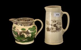 Staffordshire Printed Pottery Jug depicting 'The Fox Hunt' with hounds and huntsmen. 5" high.