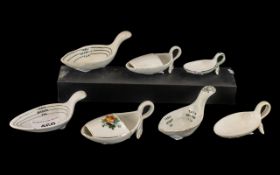 Seven Antique Staffordshire Pottery Medicine or Feeding Spoons with printed decoration or hand