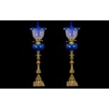 Pair of Bristol Blue Glass Oil Lamps of Large Size with matching blue glass shades, font and funnel,