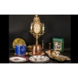 Miscellaneous Box Lot including plated trays, bronze mortar, wall lights, salvers, pottery plates,