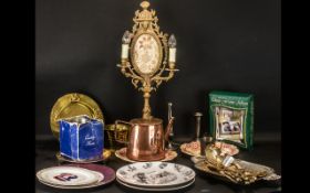 Miscellaneous Box Lot including plated trays, bronze mortar, wall lights, salvers, pottery plates,