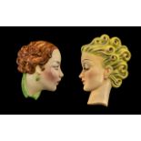 Art Deco Period Superb Hand Painted Wall Masks of Young Women, circa 1930s. Marked C & Co.