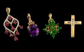 Excellent Collection of 9ct Gold Stone Set Pendant Drops ( 3 ) The Pendants of Various Designs,