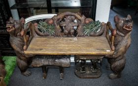 Black Forest Type 20thC Bear Hall Bench of carved and painted wood,