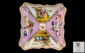 Antique Dresden Square "Shaped" Dish, decorated with flowers to the panels on a puce ground,
