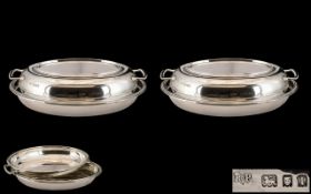 Art Deco Period Superb Quality Pair of Sterling Silver Twin Handle Serving Entree Dishes of Oval