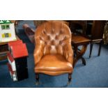 Laura Ashley Style Leather Spoon Backed Armchair, with button back and seat on turned legs,