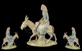 Lladro Style Large Hand Painted Porcelain Figure of A Young Girl ' Riding a Donkey ' Height 14.