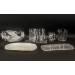 Ten Pieces of Assorted Glassware, comprising two square 10" platters, an opaque oblong tray 14",