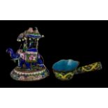 Indian Silver and Enamel Pearl Encrusted Group of An Elephant Carrying Figures In an Howdah on It's