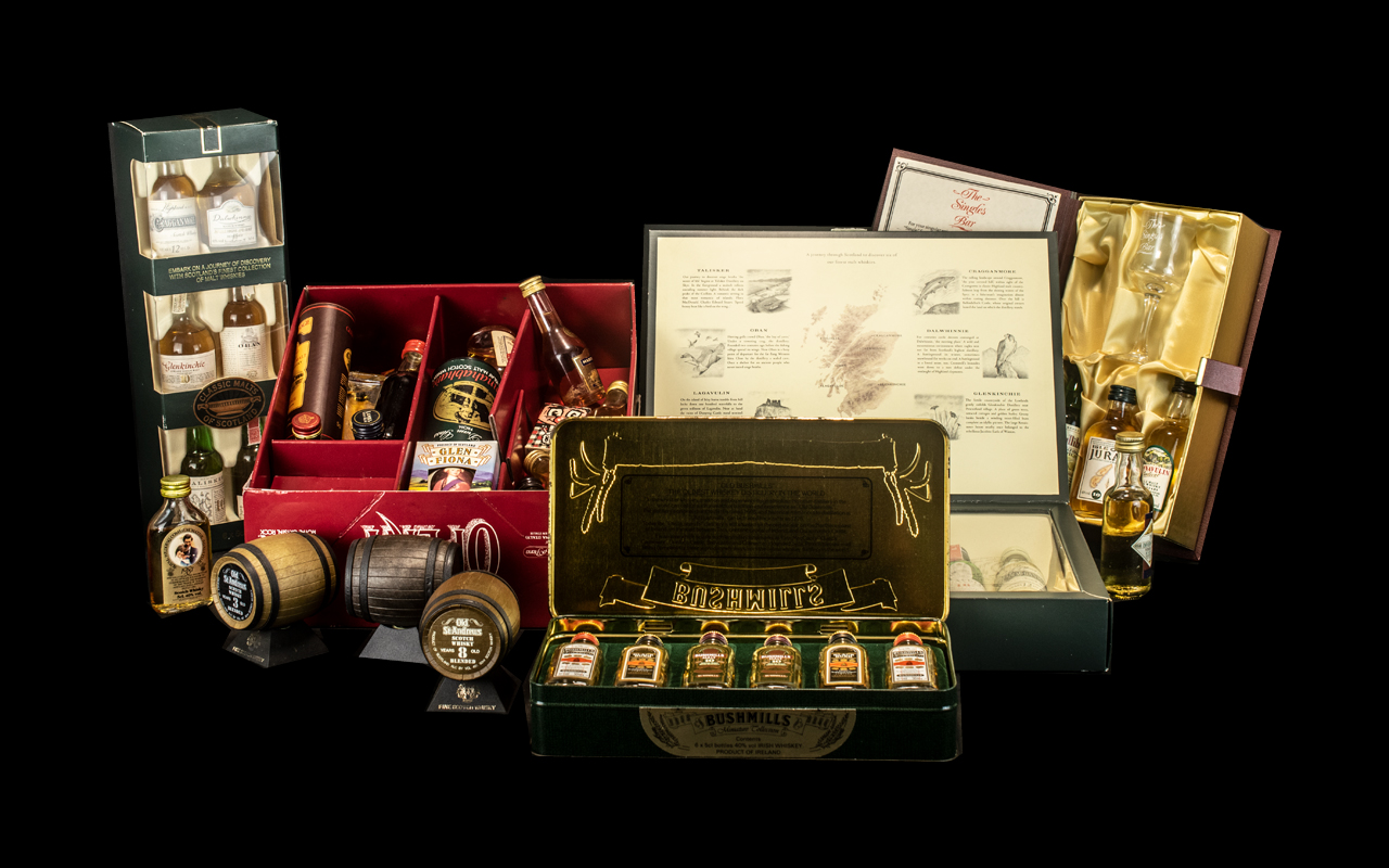 Two Boxes Containing Various Miniature Whisky Bottles in cased set collections comprising six