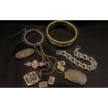 Bag of Mixed Antique Silver Jewellery comprising chains, pendants, bangles and brooches etc.