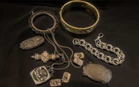 Bag of Mixed Antique Silver Jewellery comprising chains, pendants, bangles and brooches etc.