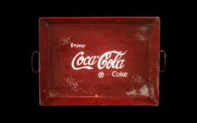 Vintage Red Metal Coca Cola Tray, with Coca Cola logo and twin handles. Measures approx 18" x 14".