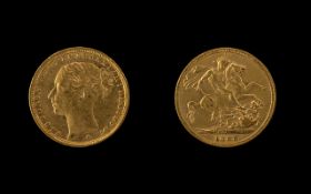 Queen Victoria Young Head - St George 22ct Gold Full Sovereign - Date 1885.