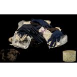 Hatbox Containing Vintage Gloves & Lace, comprising three pairs of navy blue gloves,