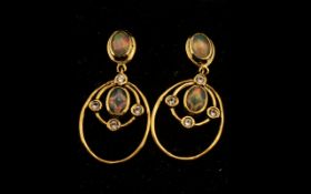 Natural Ethiopian Opal Drop Earrings, oval cut cabochons of opal,