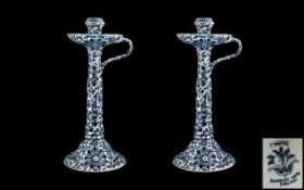 Bursley Ware Large & Impressive Blue & White Pair of Candlesticks in the 'Chung' pattern fruit and