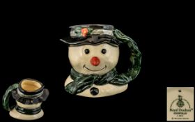 Royal Doulton - Scarce Hand Painted Miniature Character Jug ' Snowman ' Handle, A Black Scarf.