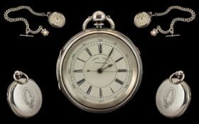 Victorian Period Large and Impressive Sterling Silver Center Seconds Chronograph Pocket Watch.