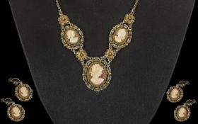 Vintage Italian Silver Cameo Set, Comprising of a Necklace and a Pair of Matching Cameo Earrings. c.